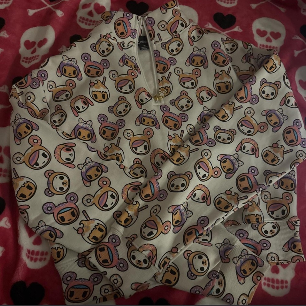 tokidoki White Pullover Hoodie with Pastel Pink Purple and Tan Character Print